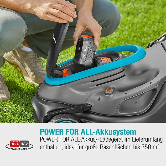 Gardena Power for All 18V Akku-Rasenmäher PowerMax 37/36V - 18 V, 2 Akkus, 4 Ah, Schnittbreite: 37 cm - Akkubetriebener Rasenmäher mit eingesetztem Akku und „Power for All“-Akkusystem.