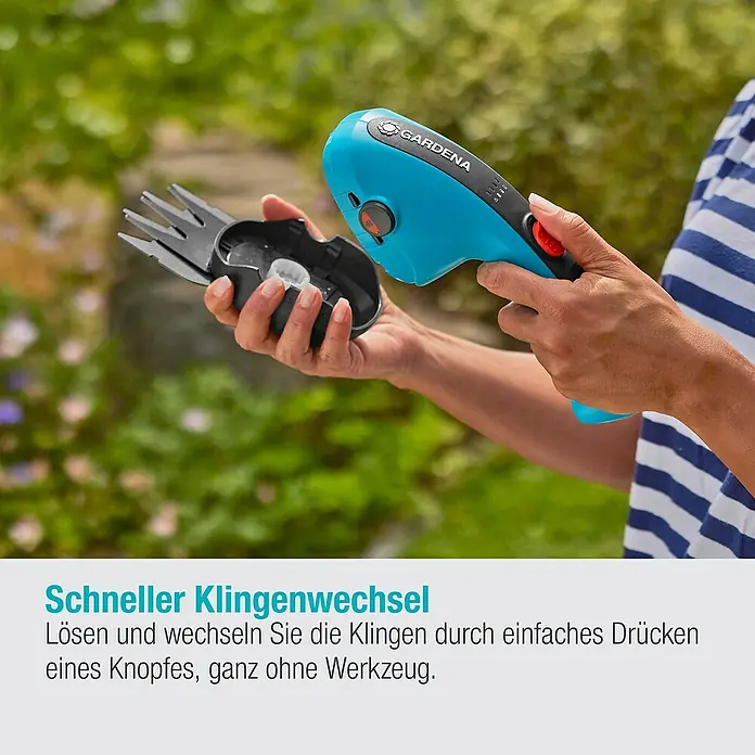 Gardena ClassicCut Akku-Grasschere Li - 3,6 V, 1 Akku, Schwertbreite: 8 cm - Nahaufnahme einer Gardena Akku-Grasschere mit auswechselbaren Klingen, die einen einfachen Klingenwechsel ohne Werkzeug ermöglicht.