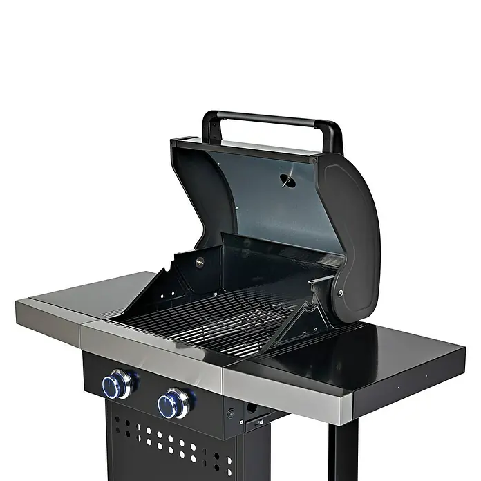 Grillstar Barbacoa de gas Atlanta II 200 - Superficie de la parrilla (An x Pr): 50 x 41,5 cm, Número de quemadores: 2 - Imagen de una barbacoa de gas abierta con superficies negras y plateadas.