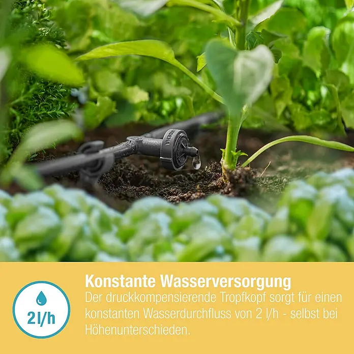 Gardena Micro-Drip Reihentropfer druckregulierend - 10 Stk. - Nahaufnahme eines Tropfers des Gardena Micro-Drip-Systems, der eine konstante Wasserversorgung für Pflanzen gewährleistet.