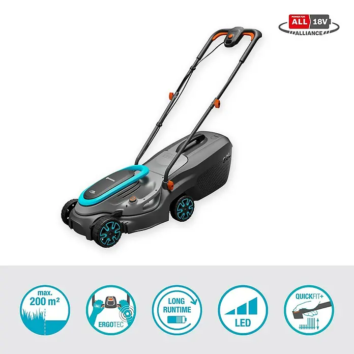 Gardena Power for All 18V Akku-Rasenmäher PowerMax 32/18V - 18 V, 1 Akku, 4 Ah, Schnittbreite: 32 cm - Abbildung eines GARDENA Akku-Rasenmähers, der kabellose Leistung für die Rasenpflege bietet.\n