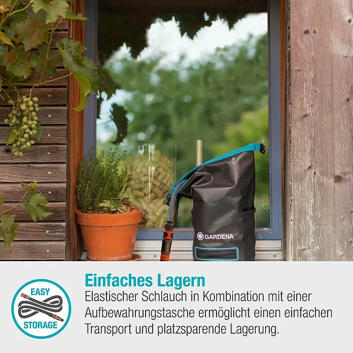 Gardena Gartenschlauch Liano Xtreme Set mit Aufbewahrungstasche - 15 m, Schlauchdurchmesser: 13 mm - GARDENA Aufbewahrungstasche für Gartenschläuche zur einfachen und platzsparenden Lagerung mit "Easy Storage"-Logo.