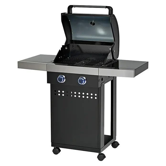 Grillstar Barbacoa de gas Atlanta II 200 - Superficie de la parrilla (An x Pr): 50 x 41,5 cm, Número de quemadores: 2 - Parrilla de gas negra con dos quemadores, estantes laterales y tapa abierta, que ofrece una experiencia ideal para cocinar al aire libre.