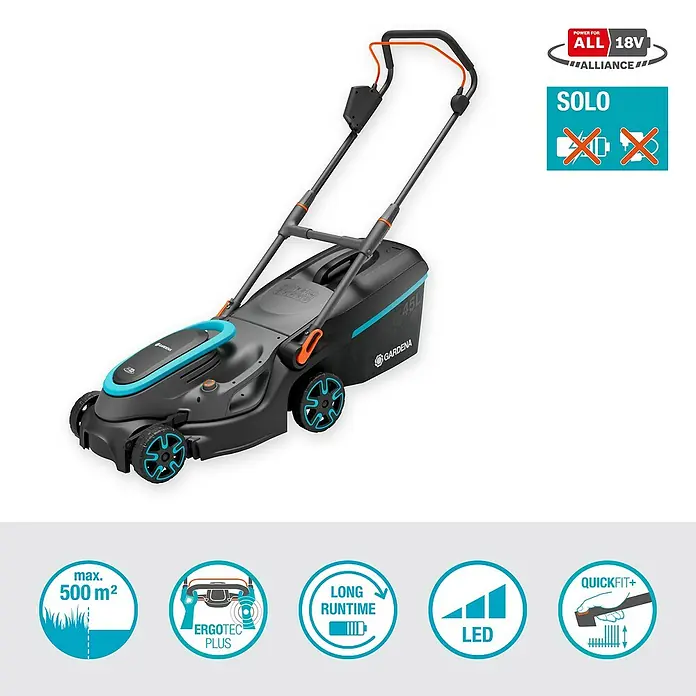 Gardena Power for All 18V Akku-Rasenmäher PowerMax 37/36V - 18 V, Ohne Akku, Schnittbreite: 37 cm - Das Bild zeigt einen Gardena Akku-Rasenmäher 45L SOLO, der für Flächen bis zu 500 m² geeignet ist und über eine lange Laufzeit verfügt.