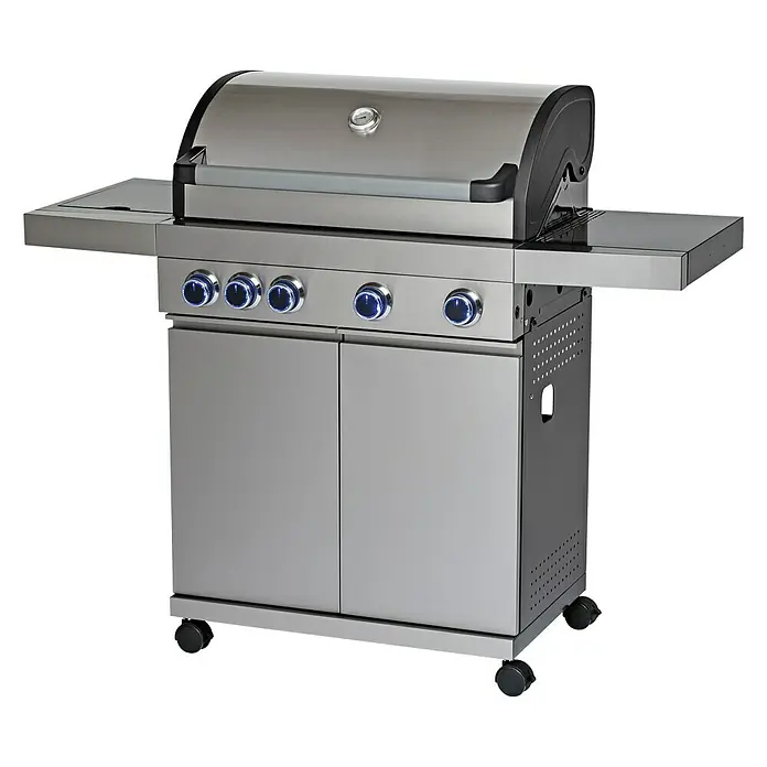 Grillstar Barbacoa de gas Atlanta II 450 - Superficie de la parrilla (An x Pr): 73 x 41,5 cm, 17 kW, Número de quemadores: 4 - Imagen de una barbacoa de gas de acero inoxidable con cuatro quemadores, mesas laterales y armario inferior sobre ruedas.