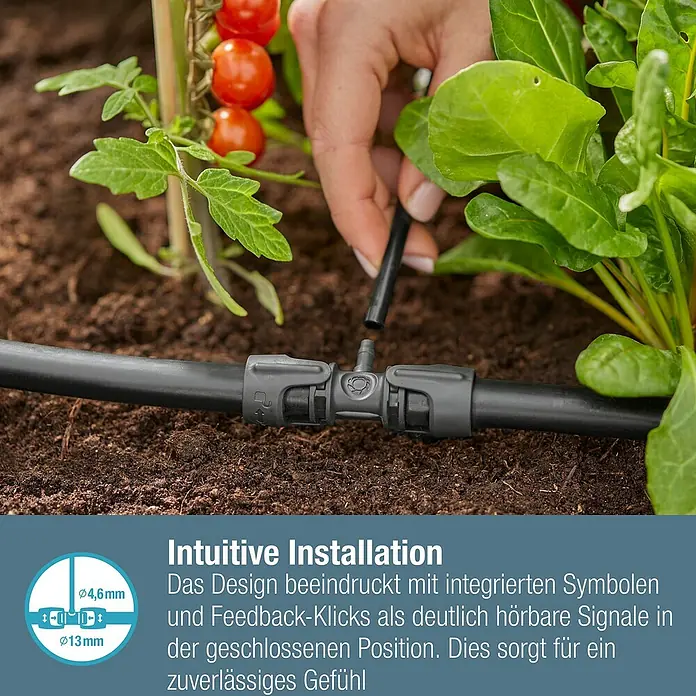Gardena Micro-Drip Verbinder - 3/16" x 4,6 mm, 5 Stk. - Detailaufnahme einer intuitiven Gartenbewässerungsinstallation mit präzisen Verbindungsstücken und einfacher Handhabung.