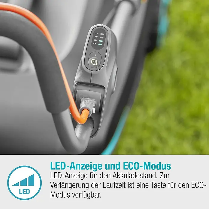 Gardena Power for All 18V Akku-Rasenmäher PowerMax 37/36V - 18 V, Ohne Akku, Schnittbreite: 37 cm - Nahaufnahme der LED-Anzeige und des ECO-Modus eines Rasenmähers zur Akkuladestandsanzeige und Laufzeitverlängerung.