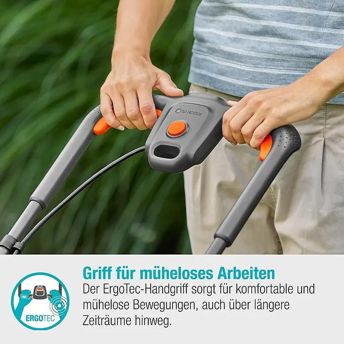 Gardena Power for All 18V Akku-Rasenmäher PowerMax 32/18V - 18 V, Ohne Akku, Schnittbreite: 32 cm - Nahaufnahme eines Gardena-Rasenmähers mit ErgoTec-Griff, der komfortables und müheloses Arbeiten ermöglicht.