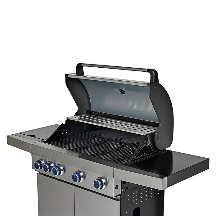 Grillstar Barbacoa de gas Atlanta II 450 - Superficie de la parrilla (An x Pr): 73 x 41,5 cm, 17 kW, Número de quemadores: 4 - Imagen detallada de una barbacoa de gas moderna con la tapa abierta, mostrando las rejillas y el panel de control. Ideal para cocinar al aire libre.