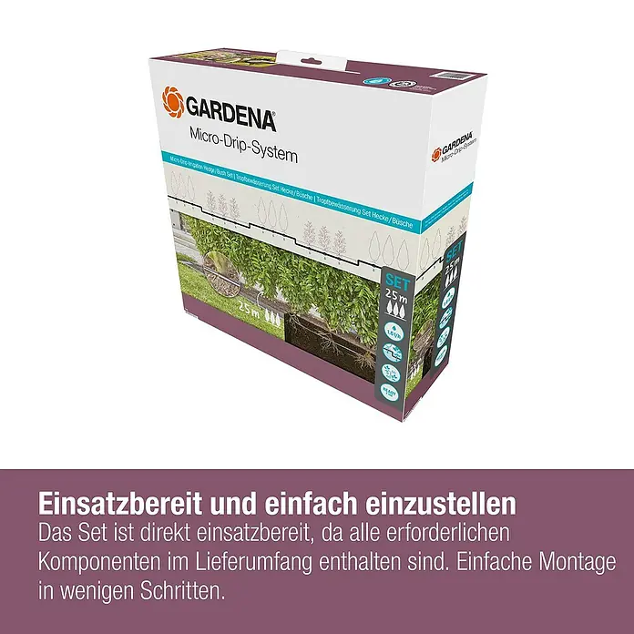 Gardena Micro-Drip Bewässerungs-Set Hecken & Sträucher 25 m Start-Set - Geeignet für: Reihenbewässerung, Pflanzreihen bis 25 m, Schlauchlänge: 25 m - Produktabbildung eines Gardena Micro-Drip-System-Sets für Hecken und Büsche, das eine einfache Installation und sofortige Verwendung ermöglicht.