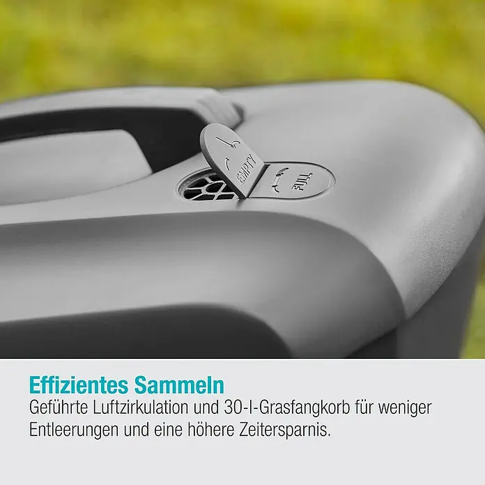 Gardena Elektro-Rasenmäher PowerMax 1200/32 G2 - 1.200 W, Schnittbreite: 32 cm - Detailaufnahme eines Rasenmähers mit Anzeige für Füllstandsanzeige des Grasfangkorbs, die zwischen "Leer" und "Voll" umschaltet.