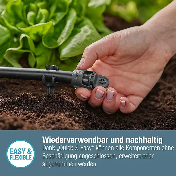 Gardena Micro-Drip Verschlussstopfen - ½″, 5 Stk. - Nahaufnahme eines wiederverwendbaren und nachhaltigen Bewässerungssystems im Gartenbeet.