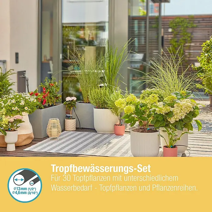 Gardena Micro-Drip Bewässerungs-Set Terrasse Start-Set - Passend für: Bis zu 30 Topfpflanzen - Bewässerungsset für 30 Topfpflanzen. Ideal für Pflanzen mit unterschiedlichem Wasserbedarf.