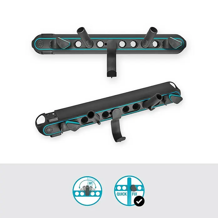 Gardena Halterung Flex - 10 kg, Kunststoff - Abbildung eines schwarzen und türkisfarbenen Wandhalterungssystems mit verstellbaren Düsen und einer praktischen Befestigung für Gartenschläuche.