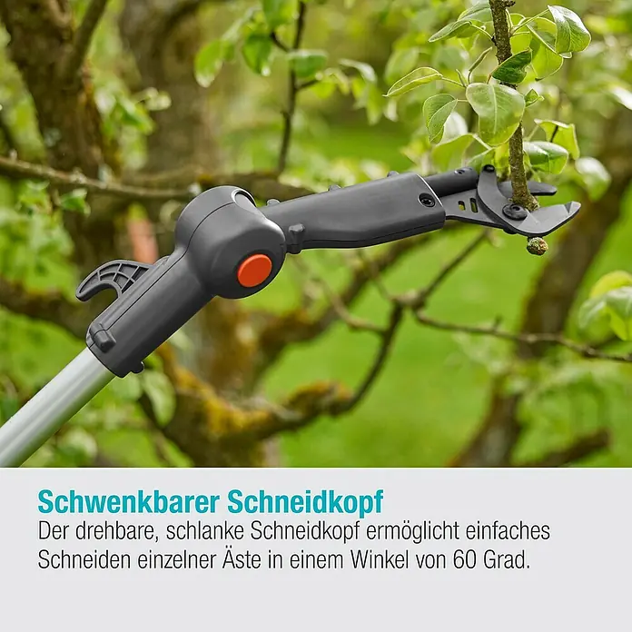 Gardena Power for All 18V Baumschere HighCut - 18 V, 1 Akku, Max. Aststärke: 28 mm, Länge: 255,7 cm - Nahaufnahme einer Gartenschere beim Beschneiden eines Astes.