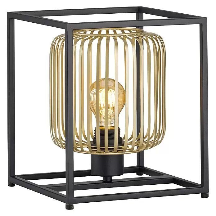 Fischer & Honsel Tischleuchte Caydo - 40 W, L x B x H: 23 x 23 x 26,5 cm, Schwarz, E27 - Tischlampe mit schwarzem Metallrahmen, goldenem Käfigschirm und beleuchteter Vintage-Glühbirne.