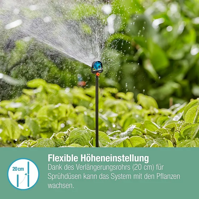 Gardena Micro-Drip Sprühdüse 6 in 1 - Durchmesser Anschluss: 13 mm, Quick & Easy-Verbindungstechnik - Bewässerung mit flexibler Höheneinstellung. Das Verlängerungsrohr (20 cm) lässt das System mit den Pflanzen mitwachsen.