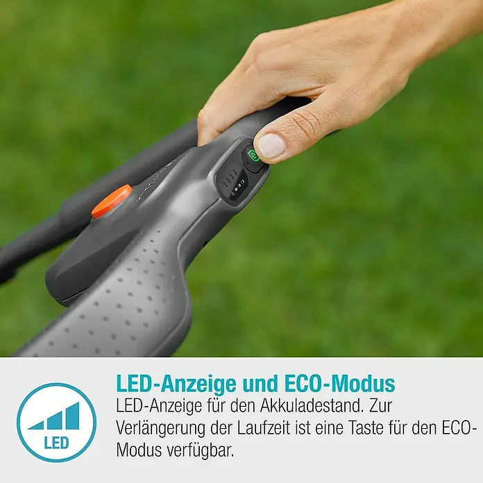 Gardena Power for All 18V Akku-Rasenmäher PowerMax 32/18V - 18 V, Ohne Akku, Schnittbreite: 32 cm - Nahaufnahme des Gardena Akku-Rasenmähers mit LED-Anzeige und ECO-Modus für Akkustandsanzeige und Laufzeitverlängerung.