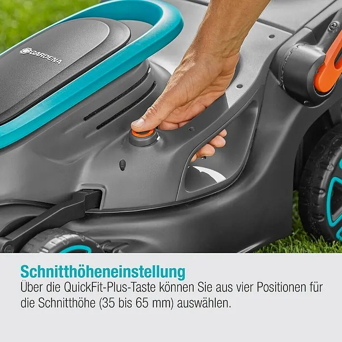 Gardena Power for All 18V Akku-Rasenmäher PowerMax 37/36V - 18 V, Ohne Akku, Schnittbreite: 37 cm - Detailansicht eines Gardena Rasenmähers mit Fokus auf die Schnitthöheneinstellung.