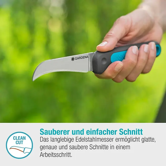 Gardena Erntemesser VeggieCut - Länge: 20,3 cm - Das Gardena-Okuliermesser in Aktion. Ideal für präzise und saubere Schnitte im Garten. Liegt gut in der Hand dank ergonomischem Griff.