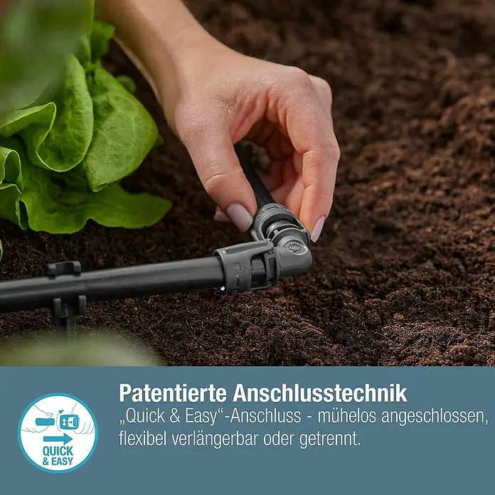 Gardena Micro-Drip L-Stück - 1/2" x 13 mm, 2 Stk. - Nahaufnahme einer Hand, die ein Bewässerungssystem mit patentierter Anschlusstechnik im Garten verbindet.