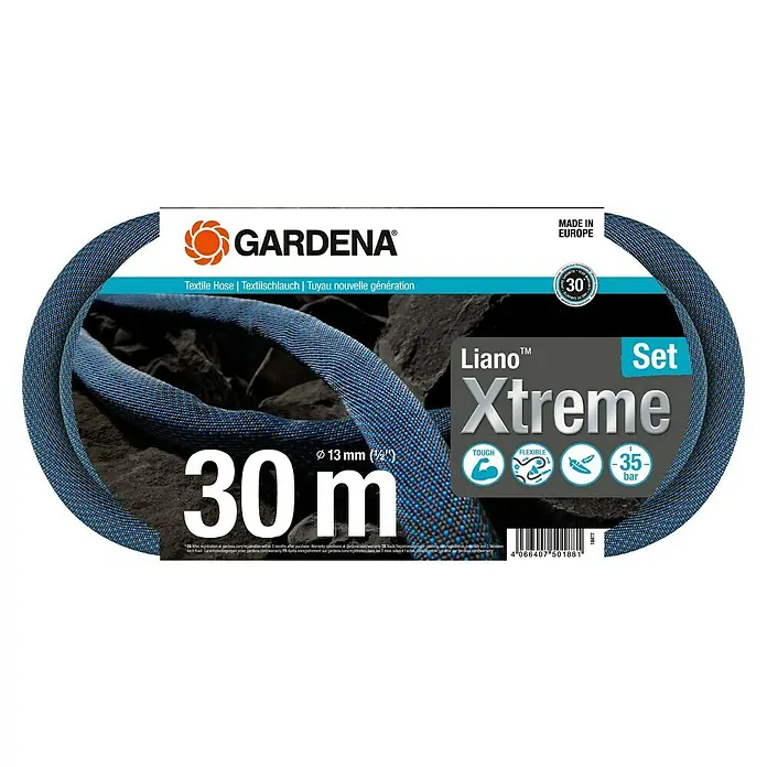 Gardena Gartenschlauch Liano Xtreme Set - 30 m, Schlauchdurchmesser: 13 mm - Das GARDENA Liano™ Xtreme Set mit Textilschlauch, 30 m Länge und 13 mm Durchmesser, ist robust, flexibel und für den Einsatz in Europa gefertigt.