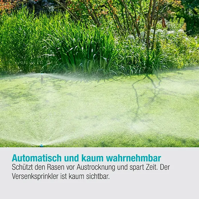 Gardena Sprinklersystem Turbinenversenkregner Pop-up SD30 - Max. Regnerfläche: 30 m², Rasenbewässerung - Automatischer Rasensprenger bewässert einen grünen Rasen. Schützt vor dem Austrocknen und ist kaum sichtbar.