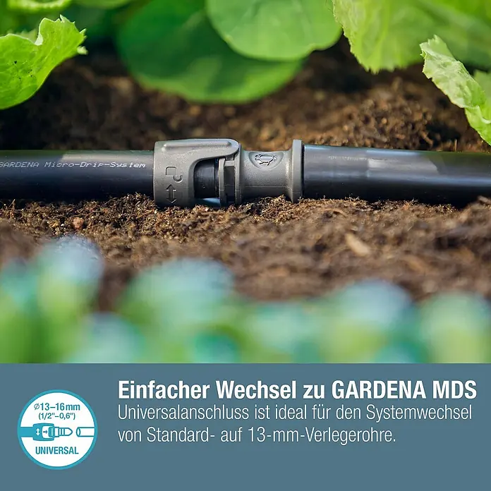 Gardena Micro-Drip Verbinder - 1/2" x 13 mm, Passend für: Gardena Verlegerohre, 1 Stk. - Das GARDENA Micro-Drip-System Universalanschlussstück für einen einfachen Systemwechsel von Standard- auf 13-mm-Verlegerohre.