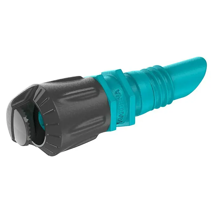 Gardena Micro-Drip Sprühdüse 180° - 5 Stk., 180 ° - Nahaufnahme eines Gardena-Wasserhahnanaufsatzes mit grauem Griff und blauem Anschlussstück. Das Zubehörteil erleichtert die Bewässerung.
