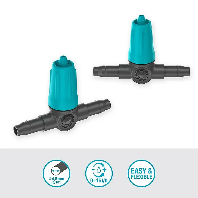 Gardena Micro-Drip Regulierbarer Reihentropfer - 10 Stk., 15 l/h - Das Bild zeigt zwei Tropfschlauchregler, die zur präzisen Bewässerung im Garten verwendet werden können.