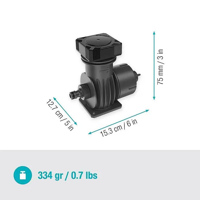 Gardena Micro-Drip Basisgerät 2000 - 1 Stk., Max. Wasserdurchfluss: 2.000 l/h - Produktbild mit den Abmessungen und dem Gewicht des Gardena Bewässerungsreglers.
