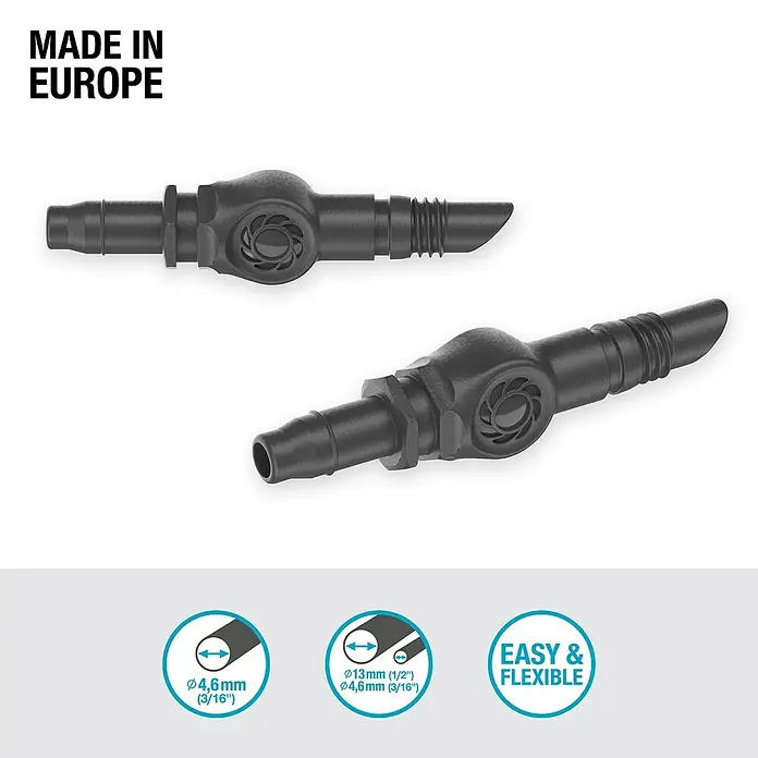 Gardena Micro-Drip Verbinder - 3/16" x 4,6 mm, 10 Stk. - Bild von zwei schwarzen Schlauchverbindungsstücken mit den Aufschriften "Made in Europe" und "Easy & Flexible".