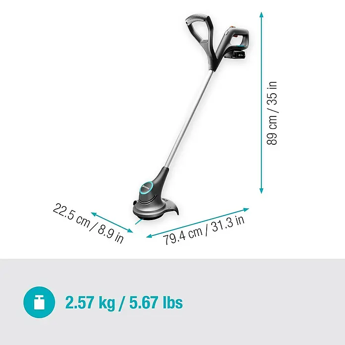 Gardena Power for All 18V Akku-Rasentrimmer - 18 V, 2 Ah, Li-Ionen, 1 Akku, Schnittbreite Messer: 23 cm - Abbildung eines Rasentrimmers mit Größenangaben: 89 cm hoch, 79,4 cm breit und 22,5 cm tief. Gewicht: 2,57 kg.