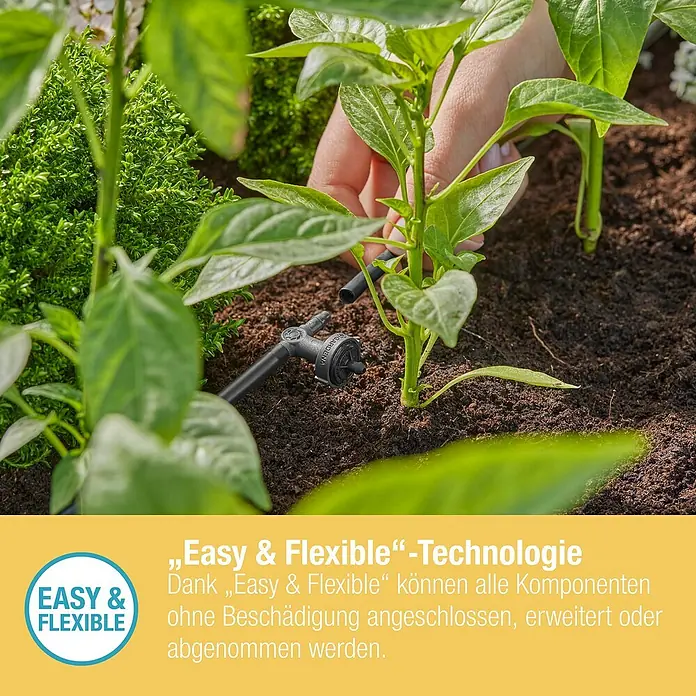 Gardena Micro-Drip Reihentropfer druckregulierend - 10 Stk. - Nahaufnahme des GARDENA Micro-Drip-Systems zur Bewässerung von Pflanzen im Garten, mit „Easy & Flexible“-Technologie.