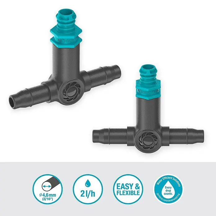 Gardena Micro-Drip Reihentropfer - 10 Stk., Max. Wasserdurchfluss: 2 l/h - Bild von zwei Gardena Micro-Drip-System T-Stücken zur effizienten Bewässerung. Ideal für tropfgenaue Lösungen im Garten.