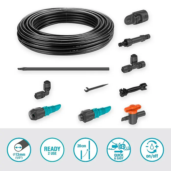 Gardena Micro-Drip Bewässerungs-Set Gemüse-/Blumenbeet Start-Set - Passend für: Gemüse- & Blumenbeete bis 40 m² - Das Bild zeigt ein Bewässerungsset mit Schlauch, Verbindungsstücken und Zubehör für eine effiziente Gartenbewässerung.