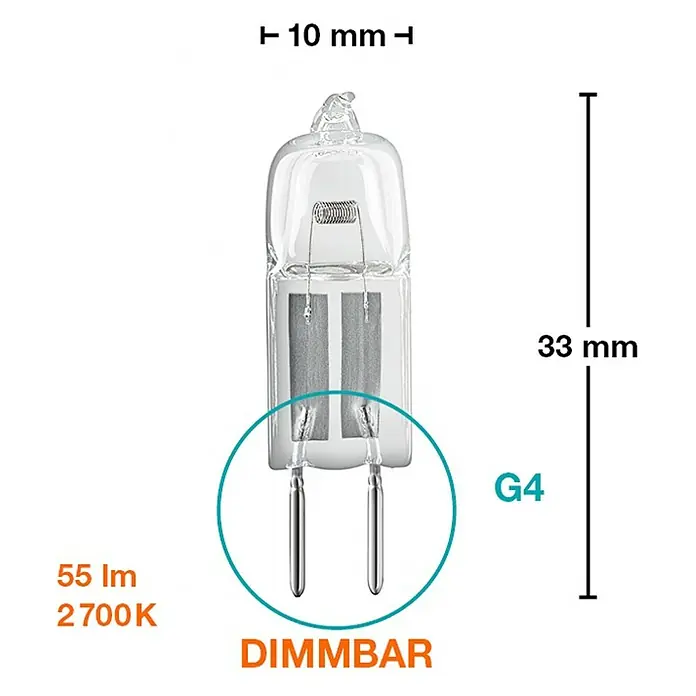 Osram Halogenstiftsockel Halostar Standard - 5 W, G4, Klar, Warmweiß, 2 Stk. - Abbildung einer G4 Halogenlampe mit den Maßen 10 mm Breite und 33 mm Höhe.