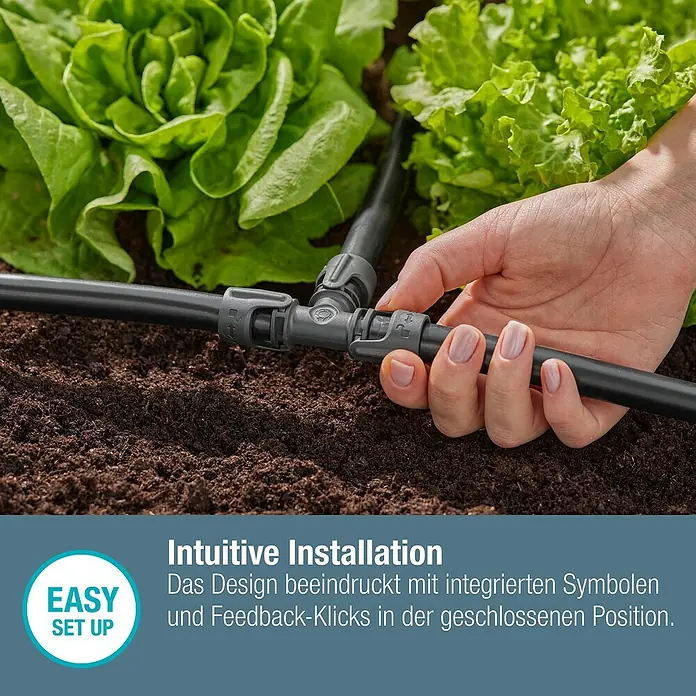 Gardena Micro-Drip T-Stück - 1/2" x 13 mm, 2 Stk. - Nahaufnahme eines Bewässerungssystems mit intuitiver Installation und cleverem Design für einfache Gartenarbeit.