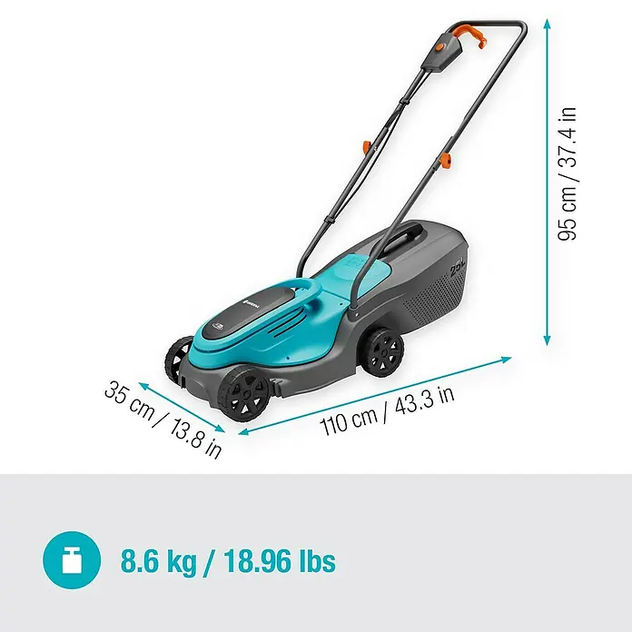 Gardena Power for All 18V Akku-Rasenmäher - 18 V, 1 Akku, 4 Ah, Schnittbreite: 30 cm - Bild eines Gardena Rasenmähers mit Maßangaben zu Länge, Breite, Höhe und Gewicht.