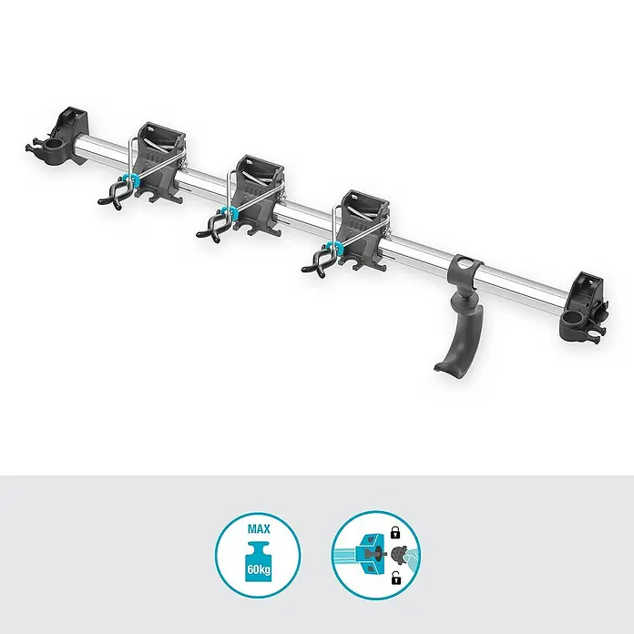 Gardena Halterung Plus - Traglast: 10 kg - Eine Werkzeugleiste mit Halterungen für Gartengeräte. Sie ist aus Metall gefertigt und bietet Platz für verschiedene Werkzeuge.