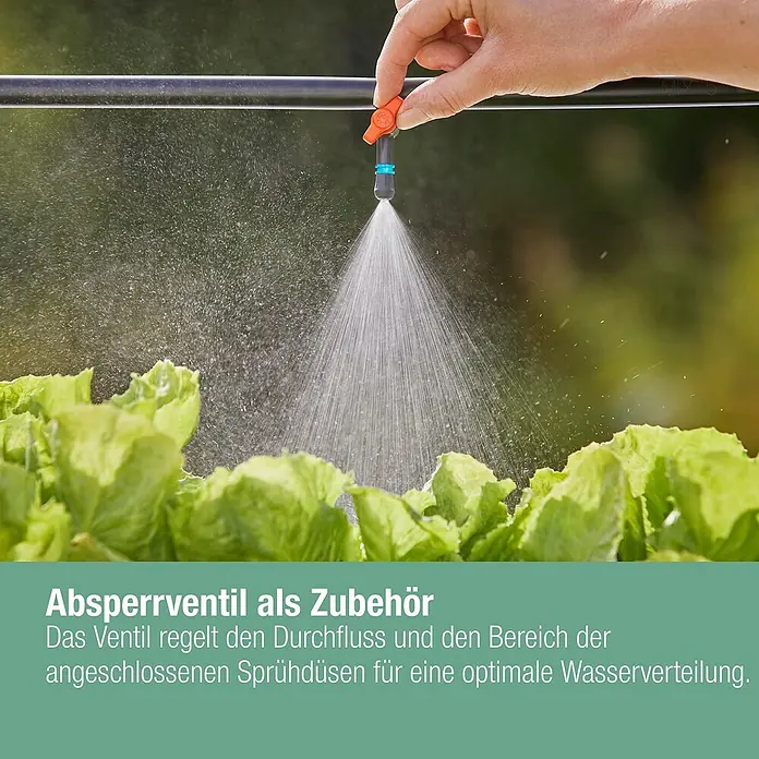 Gardena Micro-Drip Nebeldüse - 1/2" x 13 mm - Absperrventil als Zubehör. Das Ventil reguliert Durchfluss und Bereich der Sprühdüsen für optimale Wasserverteilung.