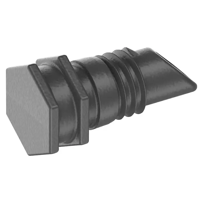 Gardena Micro-Drip Verschlussstopfen 3/16" - 10 Stk., ³⁄₁₆″ - Nahaufnahme eines grauen, gummiartigen Türstoppers mit gerilltem Design und spitz zulaufendem Ende auf schwarzem Hintergrund.