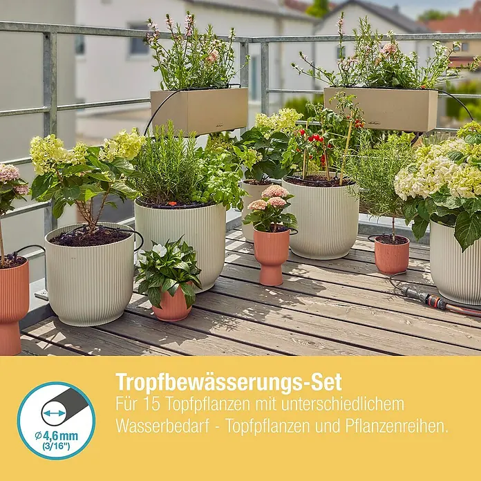 Gardena Micro-Drip Bewässerungs-Set Balkon Start-Set - Geeignet für: Bis zu 15 Topfpflanzen, Passend für: Bis zu 15 Topfpflanzen - Bild eines Tropfbewässerungs-Sets für 15 Topfpflanzen mit unterschiedlichem Wasserbedarf, ideal für Pflanzenreihen.