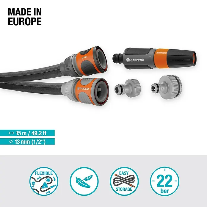 Gardena Gartenschlauch Liano Life Set - 15 m, Schlauchdurchmesser: 13 mm - Gartenschlauch-Set von Gardena mit verschiedenen Anschlüssen und einer Länge von 15 Metern für eine flexible Gartenbewässerung.