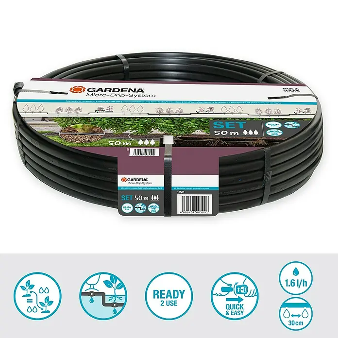 Gardena Micro-Drip Bewässerungs-Set Hecken & Sträucher 50 m Start-Set - Geeignet für: Reihenbewässerung, Pflanzreihen bis 50 m, Schlauchlänge: 50 m - GARDENA Micro-Drip-System Set: Ein 50-Meter-Tropfschlauch für Hecken und Sträucher. Einfache Installation für eine effiziente Bewässerung im Garten.