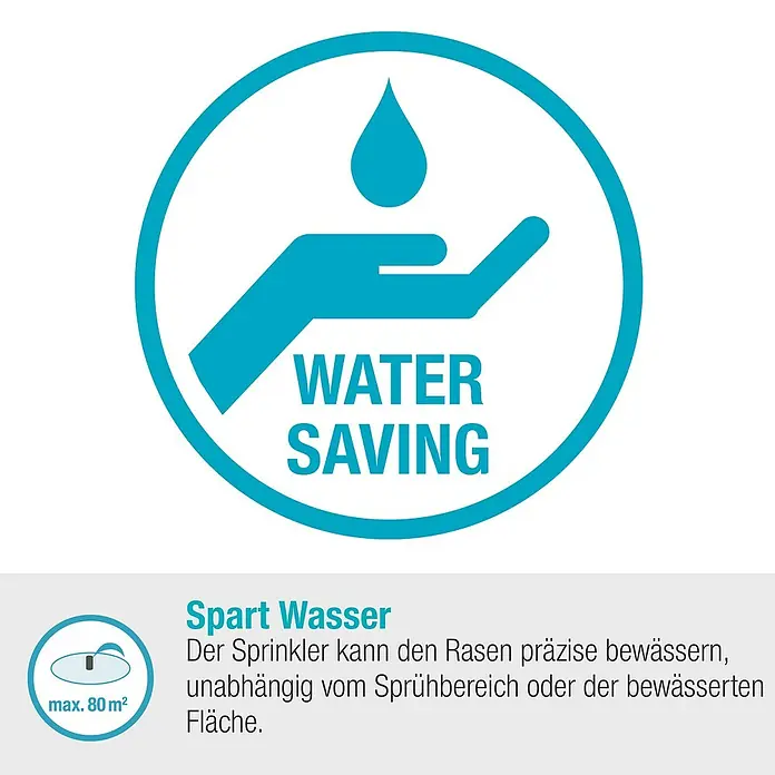 Gardena Sprinklersystem Turbinenversenkregner MD 80 - Max. Regnerfläche: 80 m², Rasenbewässerung - Wassersparsymbol mit Wassertropfen und Hand, das die Effizienz des Rasensprengers hervorhebt.