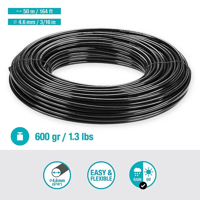 Gardena Micro-Drip Verteilerrohr - 50 m, ³⁄₁₆″ - Schwarzer Bewässerungsschlauch mit einer Länge von 50 m, leicht, flexibel und beständig gegen Regen und UV-Strahlung.