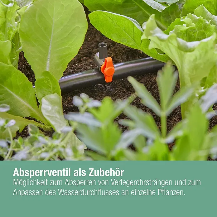 Gardena Micro-Drip Endstreifendüse - 5 Stk. - Absperrventil als Zubehör im Einsatz zwischen Salatpflanzen zur Regulierung des Wasserdurchflusses und Absperren von Verlegerohrsträngen.