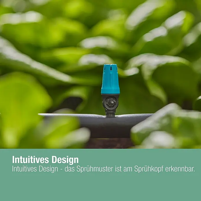 Gardena Micro-Drip Kleinflächendüse - 10 Stk., 1/2" x 13 mm - Bewässerungsdüse für Pflanzen. Das intuitive Design des Sprühmusters ist am Sprühkopf erkennbar.
