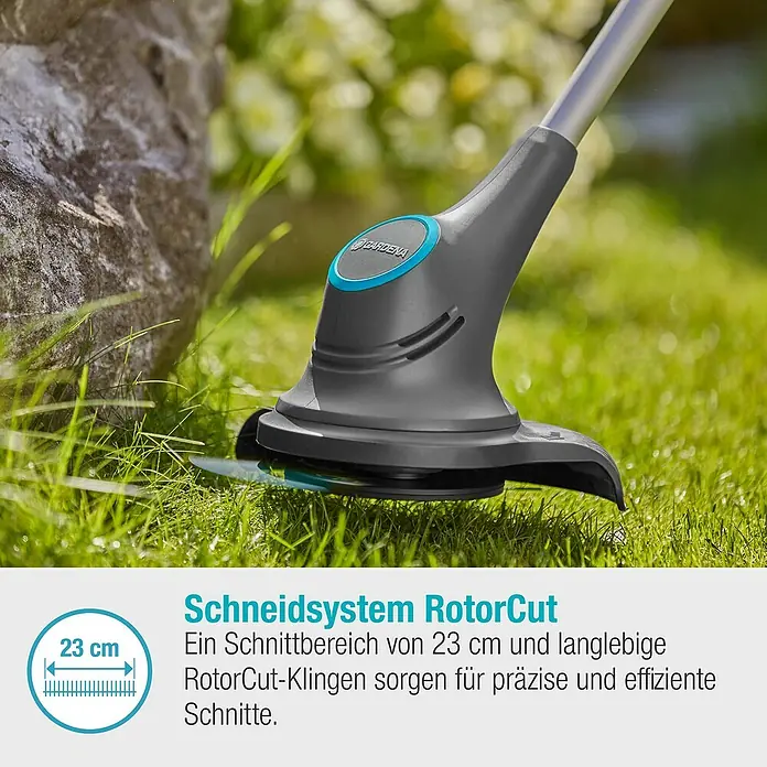 Gardena Power for All 18V Akku-Rasentrimmer - 18 V, 2 Ah, Li-Ionen, Ohne Akku, Schnittbreite Messer: 23 cm - Nahaufnahme des Gardena RotorCut-Schneidsystems, das für präzise und effiziente Rasenschnitte sorgt.